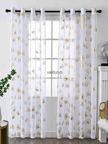 Tratamientos para ventanas # Cortinas transparentes blancas con estampado de hojas doradas para tratamiento de dormitorio, juego de ojales Topvaiduryb