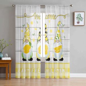 Traitements de fenêtre # citron gnome à carreaux jaunes rideaux en tulle balcon de salle imprimé rideau transparent salon fenêtre décor moderne y240517