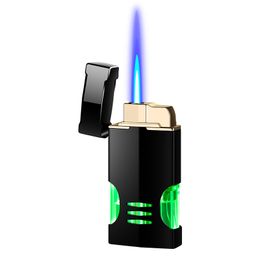 Encendedores de antorcha de cigarrillos a prueba de viento, encendedor de chorro de llama azul LED de Metal, encendedor de Gas butano recargable, novedosos dispositivos de regalo