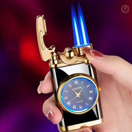 Winddicht Cool Lichtgevende Horloge Aansteker Metaal Gekleurde Lamp Gas Wijzerplaat Kleurrijke Aansteker Jet Butaan Dubbele Aansteker Mannen Gift