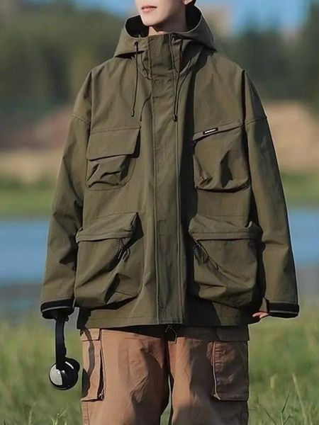 Coupe-vent à capuche veste extérieure hommes femmes Cargo manteau décontracté Muti poches printemps automne solide coupe-vent vêtements d'extérieur vêtements de montagne 240117