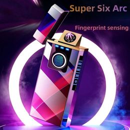 Winddichte metalen vingerafdrukdetectie LED Power Display Six Arc Lighter Outdoor Electric USB Charging Lighter Festival Herencadeau