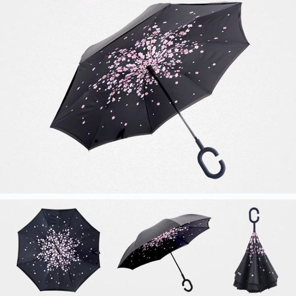 Parapluie inversé à double couche coupe-vent à fermeture inversée et protection contre la pluie à l'envers à l'envers Parapluie de voyage résistant aux ultraviolets rapide