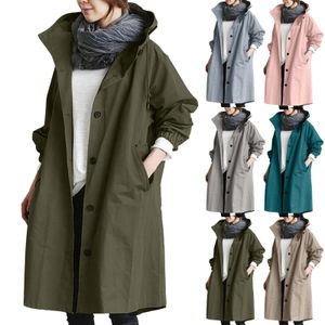 Coupe-vent femmes vestes Long manteau à capuche grande taille coupe-vent simple boutonnage élégant dames confortable lâche Trench manteaux 240309