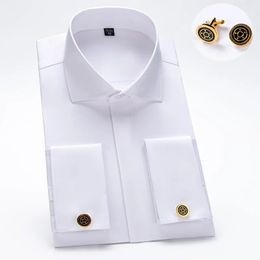 Camisa de vestir con puños franceses y cuello de Windsor, camisas formales de negocios de lujo de manga larga a la moda para hombre, gemelos con botones cubiertos 240115