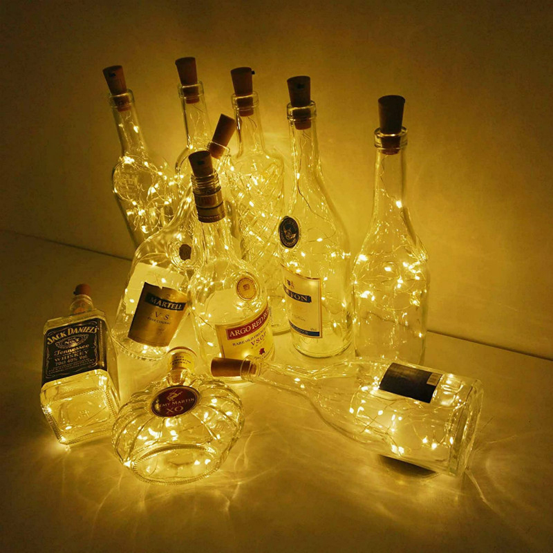 Botella de vino Luces de cadena Corcho 20 LED Impermeable Funciona con pilas Luces de corcho Alambre de plata Mini luces de hadas Botellas de licor Fiesta de bricolaje Bar Vacaciones de Navidad oemled
