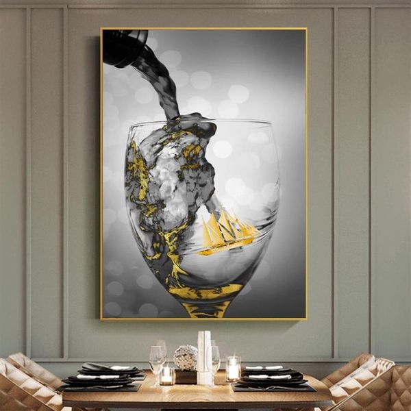 Affiche de tasses en verre de vin, toile dorée, peinture abstraite de bateau Cuadros, images d'art murales pour salon, décoration de maison moderne, sans cadre 204s