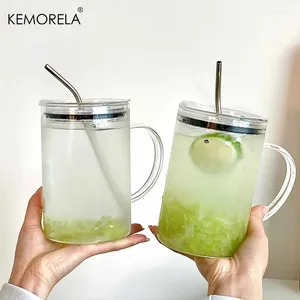 Verres à vin 1 / 2pcs de grande capacité tasse de verre avec couvercle et paille résistant à la chaleur pour le jus de café glacé d'été teatransparent