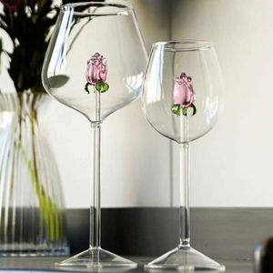 Verres à vin 1 rose en verre rose 3D créative avec tasse en verre à vin rouge et blanc intégrée firmware coaster flûte à champagne famille cadeau mignon L240323