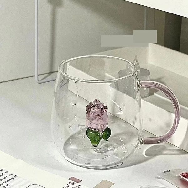 Copos de vinho 1 pc criativo 3d rosa champanhe flauta personalizado copo de vidro copo caneca copo com rosa dentro adorável presente de vidro 231107