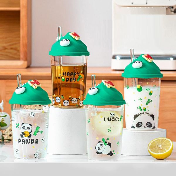 Verres à vin 1 PC tasses en verre de dessin animé mignon avec de belles impressions de panda couvercle de tasse d'eau de lait résistant à la chaleur et paille pour enfants filles 520ml