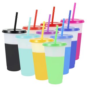 Verres à vin 10 pièces tasses en plastique changeantes de couleur gobelet de paille de qualité alimentaire avec couvercle 710 ml grande capacité tasse de boisson froide bouteille d'eau de mode 231018