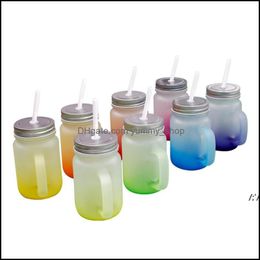 Wijnglazen 15oz Sublimatie Handgreep Mason Jar Gradi￫nt Frosted Hand Diy Mticolor Warmteoverdracht Tuimelaars Bierbekers Druppel Afgifte Hom OTSMF