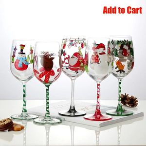 Verres à vin 16 oz Thème de Noël Gobelet en verre Tasses peintes à la main Père Noël Bonhomme de neige Renne Coupe de vin Home Party Drinkware 231205
