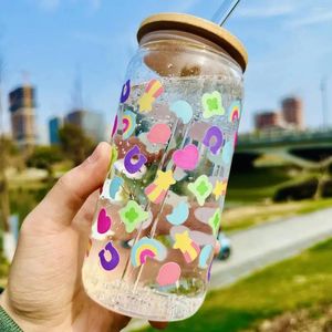 Wijnglazen 16 oz schattige stickers drinkglas blikje met bamboe deksel stro ijs koffie tuimelaar cadeau voor vrienden zomerbeker