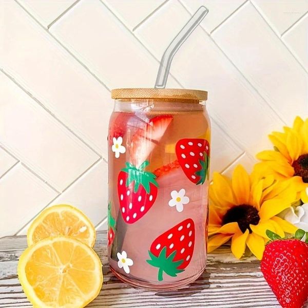 Casas de vino de 16 oz Patrón de fresa de fresa alto Cans de vidrio para beber transparente con tapa de bambú Pegatina personalizada para pareja amigos