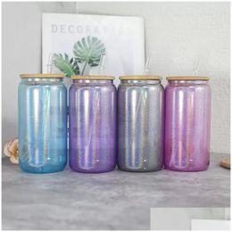 Wijnglazen 16Oz Sublimatie Glitter Bierblikje 4 Kleuren Helder Glas Met Houten Deksels Plastic Sts 500Ml Witte Lege waterflessen Diy Dhi6H