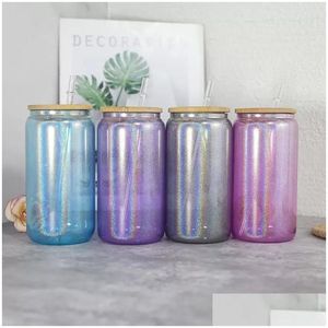 Verres à vin 16oz Sublimation Glitter Beer Can 4Colors Verre clair avec couvercles en bois Plastique Sts 500ml Blanc Bouteilles d'eau vierges DIY DHI6H