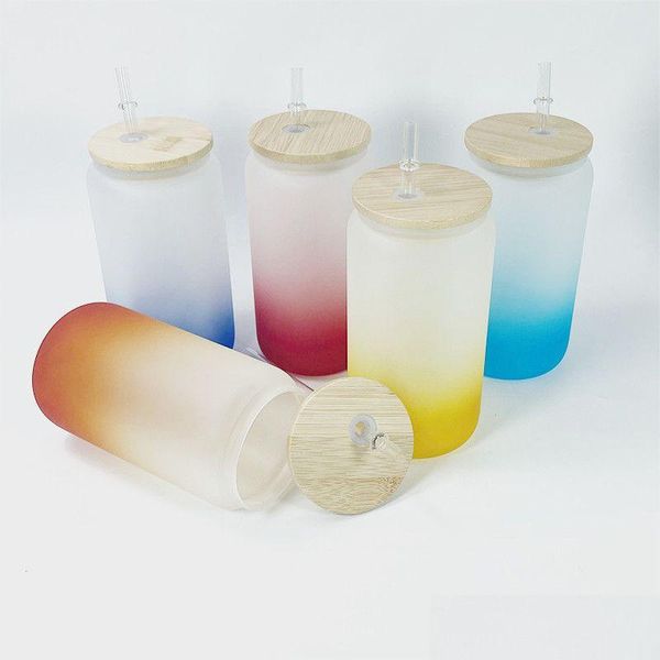 Verres à vin 16 oz dégradé de sublimation givré avec couvercles en bois en plastique STS 6 couleurs bouteilles d'eau vierges droites bricolage transfert de chaleur T Dhdoz