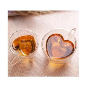 Verres à vin 180Ml / 240Ml Coeur Love Shaped Tea Beer Mug Juice Cup Coffee Cups Gift Double Wall Glass Heat-Resistant Drinkware Rr6Wp Ot5Md