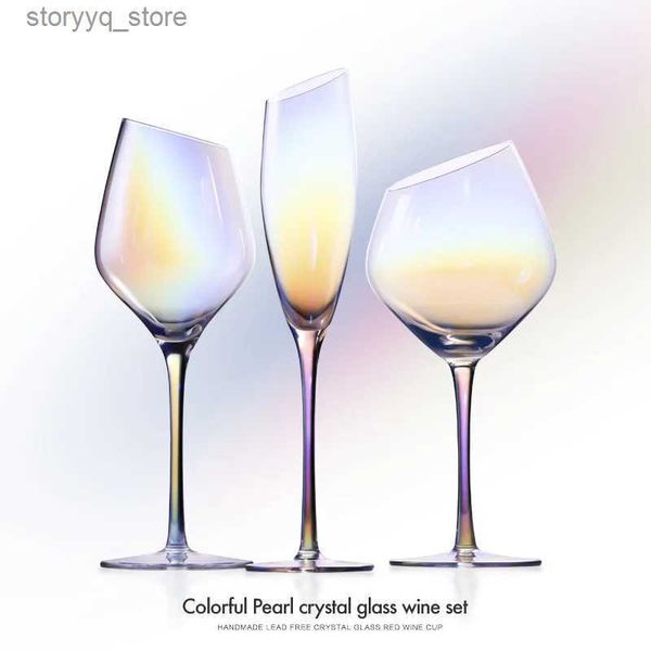 Copas de vino 2 PCS Color Perla Cristal Copa de vino Fiesta de boda Cristalería Copa de bebida Chapado Arco iris Oblicuo Burdeos Copa Champán Flautas Q231115