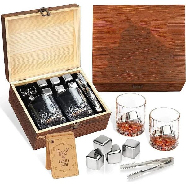 Copas de vino, 2 uds., vaso de whisky antiguo con piedra y caja de regalo de madera para papá