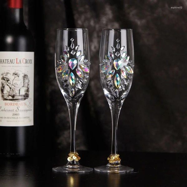 Verres à vin 2 pièces d'emballage couleurs de mariage en diamant en verre cadeau de fête de fête de groupe de couple