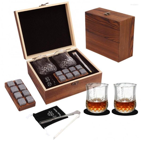 Verres à vin 200ml Whisky Ensemble de 2 8 pierres de granit Chilling Stones avec cadeau de tasse en verre de fête de bar en bois