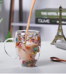 Wijnglazen 2024 Modeontwerp Real Flowers Seasphells Glass Cup Handgreep Ronde Watermelk Huis Mok Dubbele laag Koffie Coffee Cups