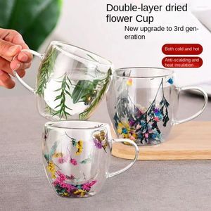 Wijnglazen 250 ml Creatieve glazen beker met handgrepen Hittebestendige gedroogde bloemvuller Dubbele muur Koffie Mok Thee 9,5 8 cm