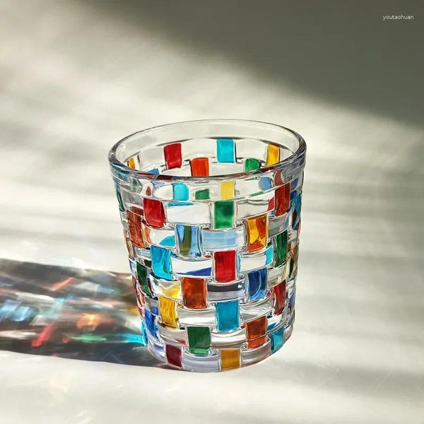 Verres à vin 280ml/310ml/320ml, tasses en verre colorées de Style médiéval, pour whisky, lignes peintes à la main, verres carrés en cristal, eau