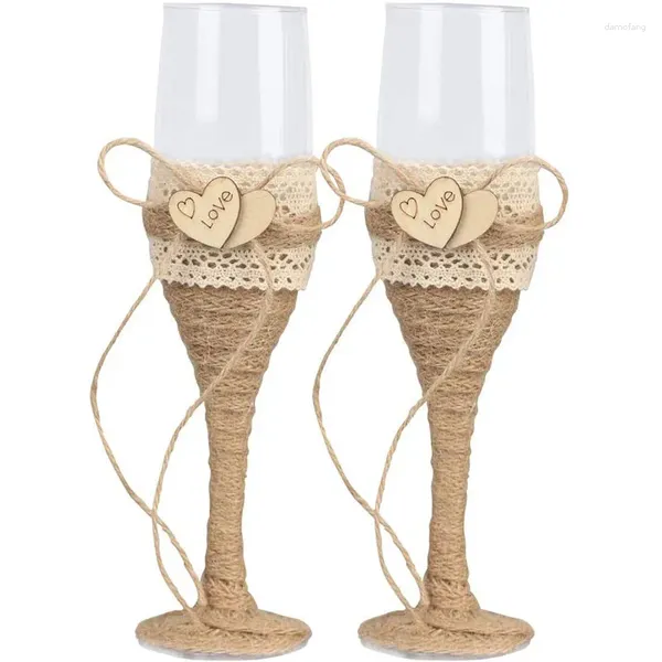 Vers à vin 2pcs Burlap Twine Champagne Flûte de mariage Toast Glass Drink tasse pour les cadeaux de la Saint-Valentin
