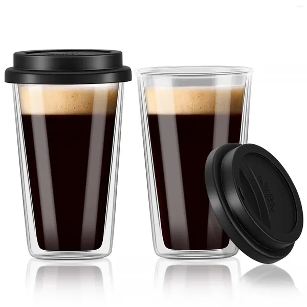 Verres à vin 2 pièces tasses à café en verre à Double paroi avec couvercles en Silicone tasses réutilisables de 12 OZ pour ou boissons froides voyage