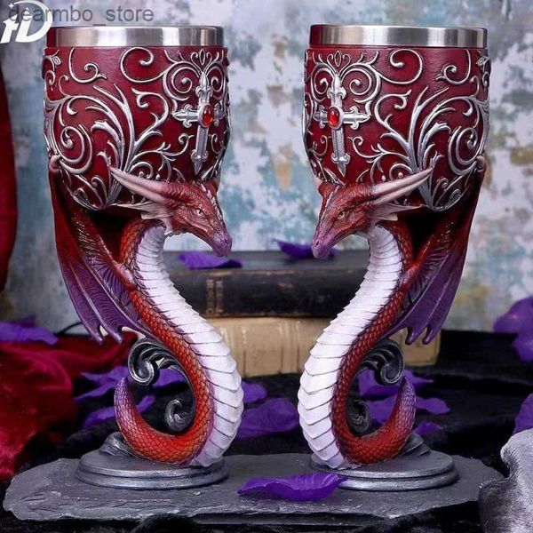 Verres à vin 2pcs Nouveau western draon oblet personnalisé en acier inoxydable tasse de vin rouge 3d wolf head oblet crâne tasse l49