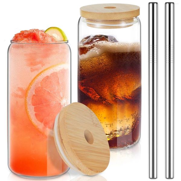 Copas de vino 2 uds tazas de vidrio transparentes con tapas de bambú juego de 500ml de espesor lata cerveza para jugo frío café cóctel whisky