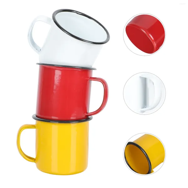 Verres à vin 3 pièces, tasse en émail coloré, tasse de maison, tasses à café en porcelaine, eau expresso en céramique nostalgique avec couvercle et paille de bière