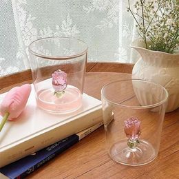 Verres à vin 300ML, tasse d'eau en verre avec Rose 3D, décoration d'arbre de noël pour fête, tasse de café et de lait, cadeaux pour amoureux de la maison