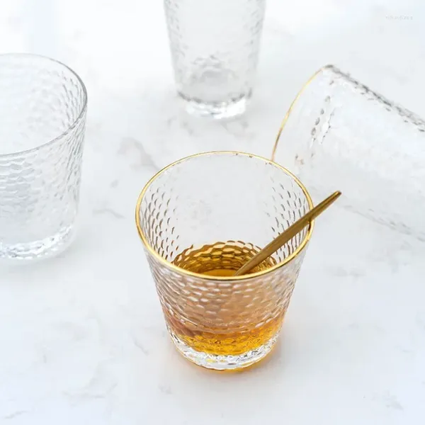 Verres à vin 320ml/330ml, tasse à eau en verre Transparent pour femmes, verres résistants à la chaleur, thé à bords dorés, motif de marteau domestique