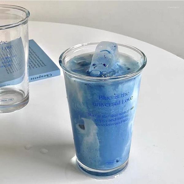 Copas de vino 350ml letras azules en inglés transparente de gran capacidad taza de vidrio con tapa bebida de café suministros de cocina para el hogar dormitorio