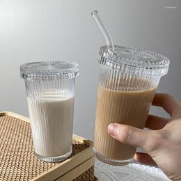 Wijnglazen 370 ml eenvoudige streep koffieglas kopje met deksel en stro transparante bubbel ontbijt mug theesap mokka -kopjes mokka -bekers