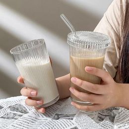 Wijnglazen 375 ml hoge kwaliteit met deksel- en rietmelk koffie mok thee Cup streepglas