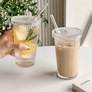 Verres à vin 375 ml Coupe en verre à rayures avec paille à lèvres Tasse de style japonais Transparent Latte Café Bulle Thé Lait Moka Tasses Petit Déjeuner