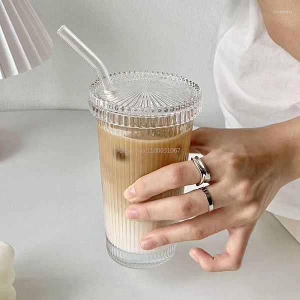 Verres à vin 375ml, tasse en verre à rayures avec paille à lèvres, tasses à café au lait chics de Style japonais, couvercle de thé, cadeaux de mariage, livraison directe