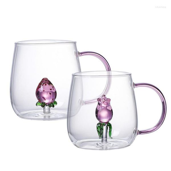 Copas de vino Tazas de cristal de 380 ml Tazas de café multiusos transparentes con accesorios para beber de fresa 3D para viajes en el lugar de trabajo en casa