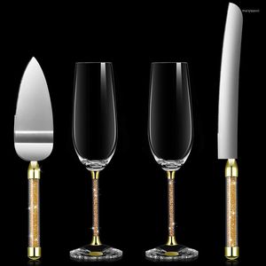 Wijnglazen 4 pc's inclusief 2 champagne 1 mes en schep in doos bruiloft Toasting Fluts Cake Server Set glinsterende kralenbenodigdheden