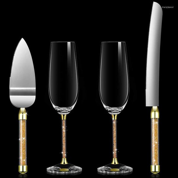 Copas de vino 4 piezas, incluyendo 2 champán, 1 cuchillo y pala en caja, flautas para tostar de boda, juego de servidor para pasteles, suministros de cuentas brillantes