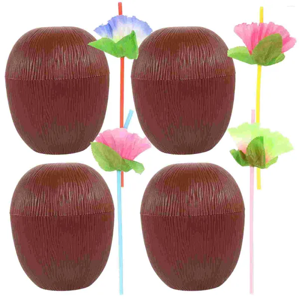 Verres à vin 4 pièces pailles en plastique Luau tasses de noix de coco fête hawaïenne forme d'été boisson en forme de boisson enfant