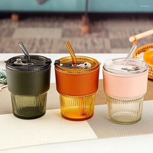 Wijnglazen 400 ml Glas Cup Streep transparant met deksel stro ijs koffie theesap keuken huismelk waterdrankware