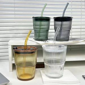 Copas de vino 400ml Simple estilo coreano Copa de paja de vidrio a rayas portátil hielo americano leche café bebida fría jugo con tapa y