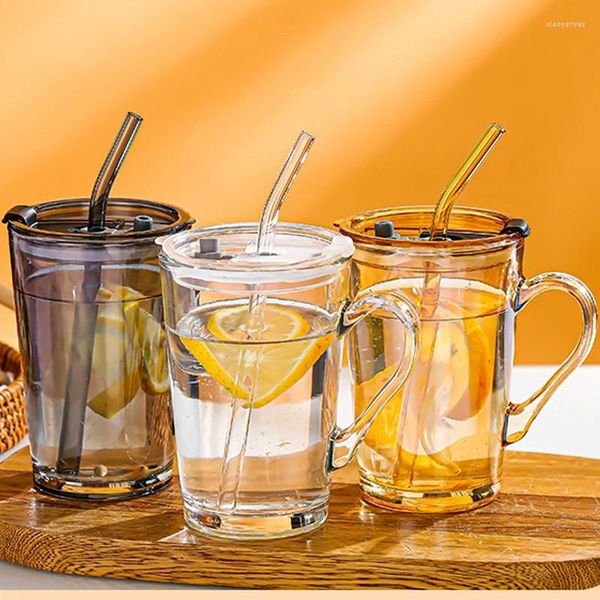 Copas de vino Tazas de café de vidrio de 450 ml con tapas y pajitas Botellas de agua transparentes Mango para jugo de cerveza helada Taza de batido